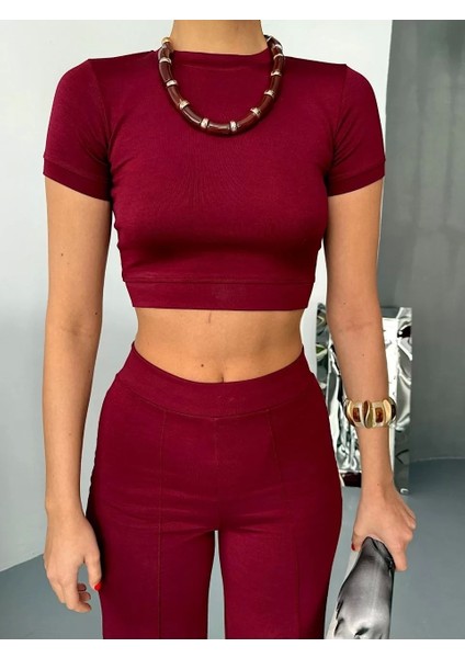 Osy Modal Yumuşak Dokulu Kumaş Kısa Kollu Crop Alt Ispanyol Paça Pantalon Ikili Takım - Bordo