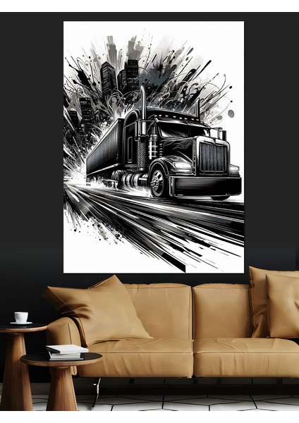 Siyah-Beyaz Tır Çizimi Dekoratif Kanvas - Mdf Ahşap Tablo