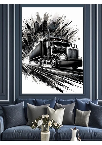 Siyah-Beyaz Tır Çizimi Dekoratif Kanvas - Mdf Ahşap Tablo fiyatları