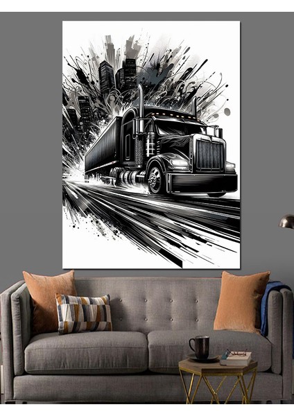 Siyah-Beyaz Tır Çizimi Dekoratif Kanvas - Mdf Ahşap Tablo fırsatları