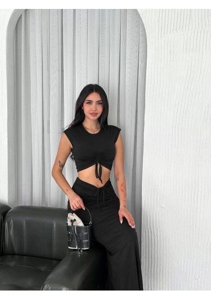 Osy Modal Yumuşak Dokulu Kumaş Büzgülü Crop Etek Takım - Siyah