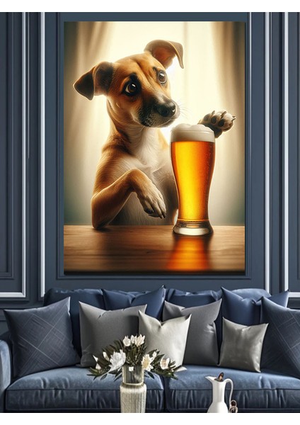 Bira ve Yavru Köpek Dekoratif Kanvas - Mdf Ahşap Tablo