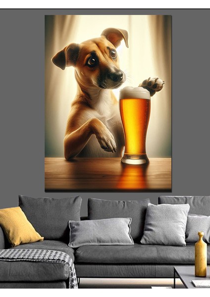 Bira ve Yavru Köpek Dekoratif Kanvas - Mdf Ahşap Tablo