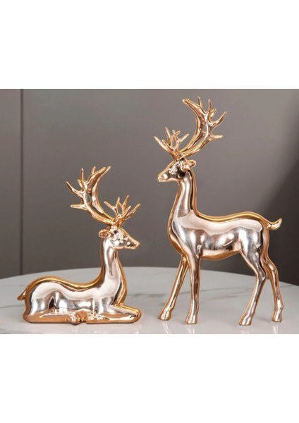 Geyik 2'li Elekroplate Pudra Dekoratif Obje Polyresin Büyük 30CM , Küçük 14CM , Dekor