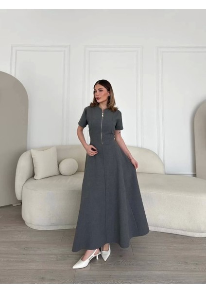 Kısa Kollu Önden Fermuarlı Çan Etekli Uzun Elbise - Antrasit