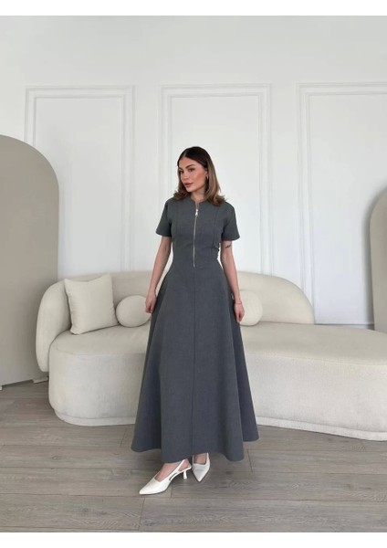 Kısa Kollu Önden Fermuarlı Çan Etekli Uzun Elbise - Antrasit fiyatları