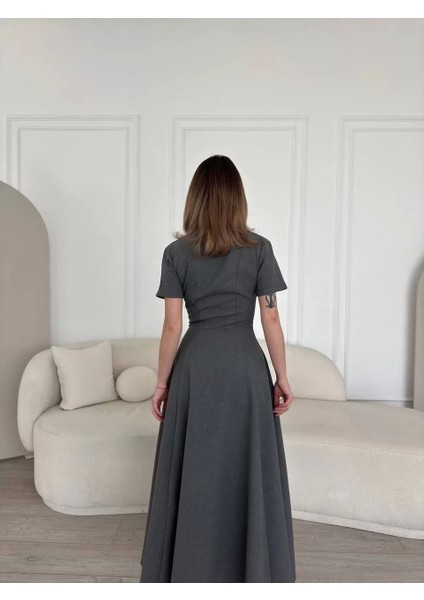 Kısa Kollu Önden Fermuarlı Çan Etekli Uzun Elbise - Antrasit fırsatları