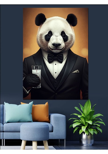 Panda ve Şık Kadehi Dekoratif Kanvas - Mdf Ahşap Tablo