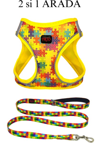 Kedi Köpek Air-Mesh Göğüs Tasması ve Gezdirme Sevk Kayışı Seti Puzzle 2si1 Arada