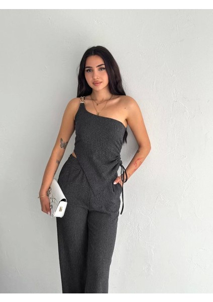 Asimetrik Crop Pantalon Ikili Takım - Füme fiyatları