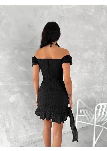 Göğüs Bağlamalı Mini Elbise - Siyah
