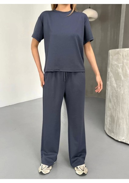 Osy Modal Yumuşak Dokulu Kumaş Kısa Kollu Bluz Rahat Pantalon Ikili Takım- Füme