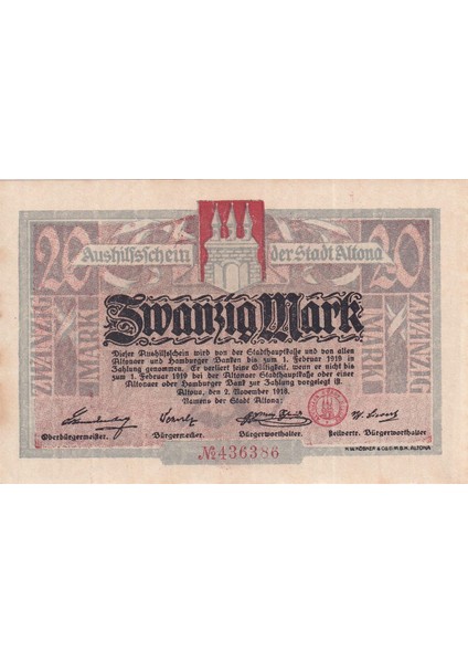 Almanya, Altona, 20 Mark (1918) Ççt/ça Eski Yabancı Notgeld