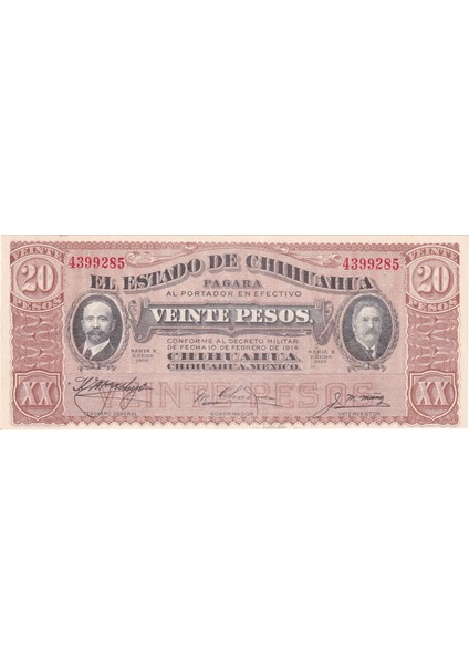 Meksika, Chihuahua, 20 Peso (1915) Çil Eski Yabancı Kağıt Para fiyatları