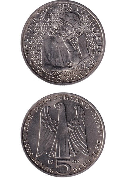 Batı Almanya, 5 Mark 1980 (Walther Von Der Vogelweide) Hatıra Çil Eski Yabancı Madeni Para