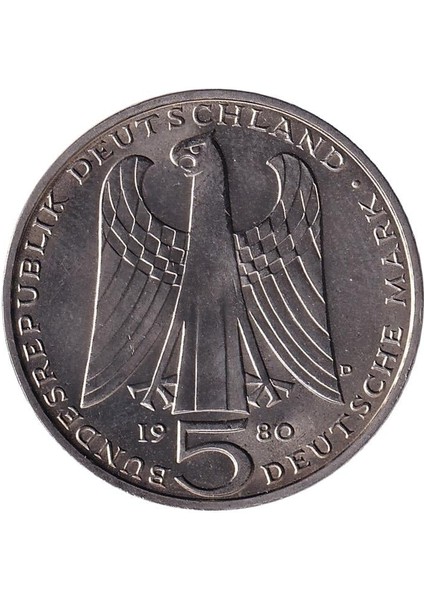 Batı Almanya, 5 Mark 1980 (Walther Von Der Vogelweide) Hatıra Çil Eski Yabancı Madeni Para modelleri