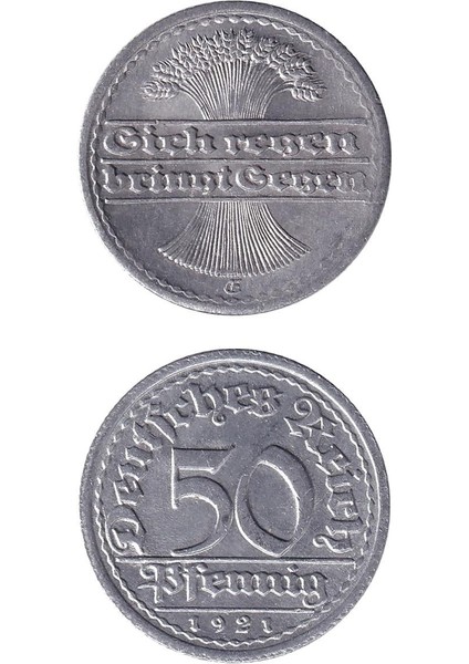 Almanya, Weimar Cumhuriyeti, 50 Pfennig 1920-22 Çil Eski Yabancı Madeni Para