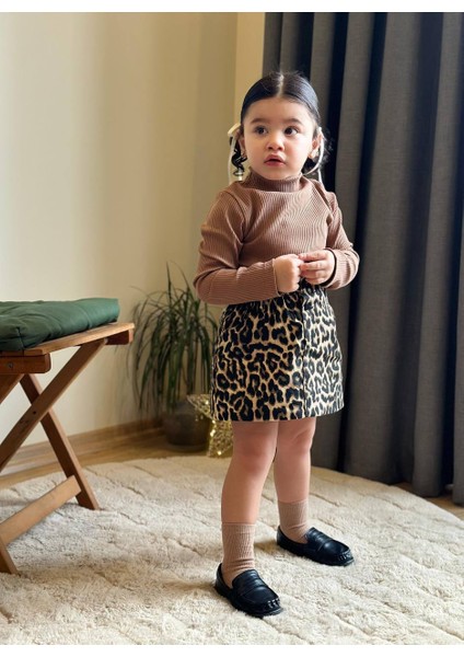 Leopar Etekli Kahverengi Kazak Kız Çocuk 2lı Takım