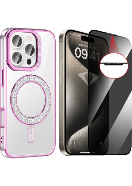 Apple iPhone 16 Pro Max Kılıf Pırlanta Taş Tasarımlı Magsafe Şarj Özellikli Zore Karetta Silikon Kapak + Hayalet Ekran Koruyucu