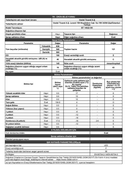 Bt 14022 Sk 121 Lt E Enerji Sınıfı Statik Soğutucu Tipi Mini Buzdolabı