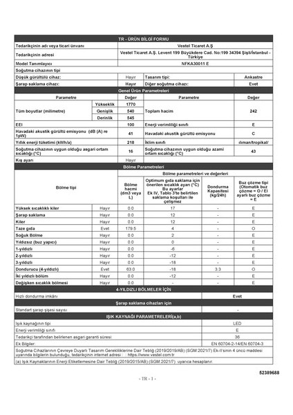 NFKA30011 E Ankastre Buzdolabı