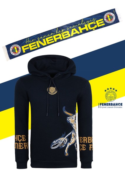 Orijinal Lisanslı Kapüşonlu Kolej Sweat Kadıköy Boğası Basklı + Şal Kaşkol Set
