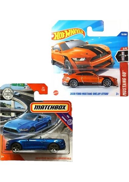 2 Araç Mustang Set - Hot Wheels 2020 Ford Mustang Shelby GT500 & Matchbox 2018 Ford Mustang Convertible (1/64)