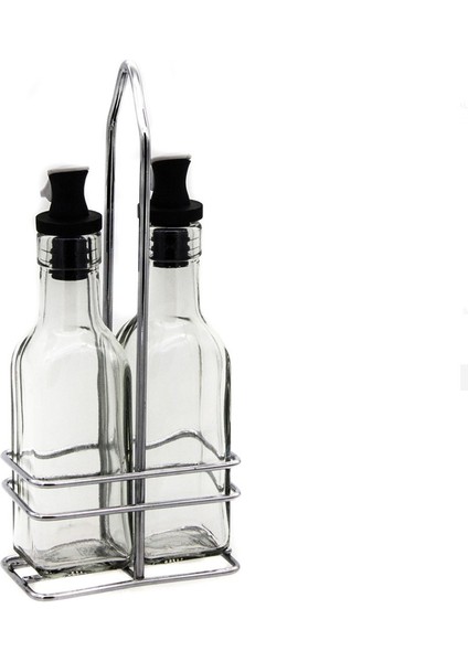 Yağlık Sirkelik Set 2'li Siyah 150ML Mutfak Gereç Gövde Cam Kapak Silikon Stand Metal 19X5CM