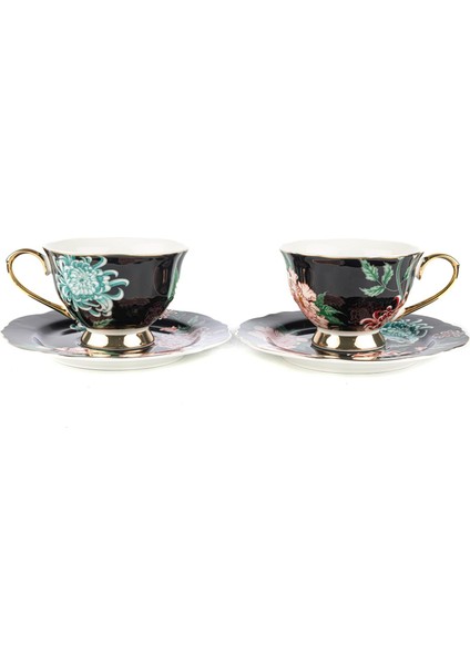 Fleur Siyah 2'li Çay Fincan Set 200CC Mutfak Dekorasyon 4 Parça Servis Elde Yıkanır Gold Yaldız
