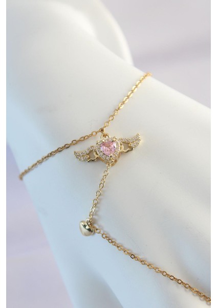 316L Çelik Gold Renk Pembe Zirkon Taşlı Kanatlı Kalp Model Şahmeran modelleri