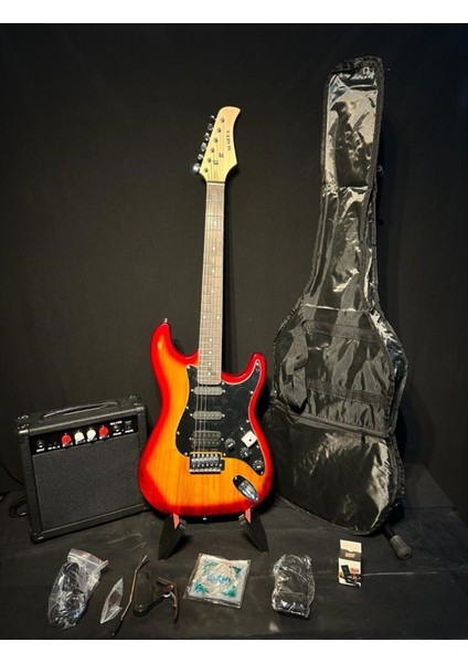 Elektro Gitar Set Orange (Gitar-Amfi-Stand-Kablo-Askı-Kapo-Akort Cihazı-Yedek Tel)