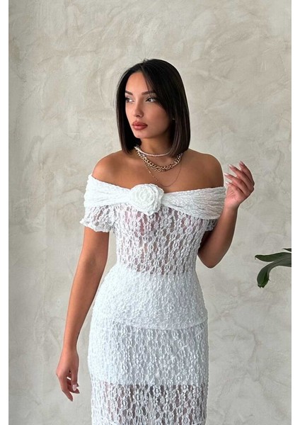 Gül Detaylı Dantel Dokuma Dantel Gübür Abiye Bluz Krem JB261548977 fiyatları