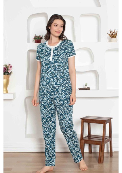 Kadın Çiçek Desen Bisiklet Yaka 3 Düğmeli Pamuk Penye Ince Yazlık Kısa Kol Pijama Takımı
