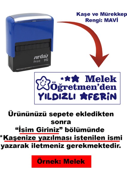 Öğretmen Kaşesi - Yıldızlı Aferin, 912 (51*19 mm) Mavi Keçeli Otomatik Kaşe
