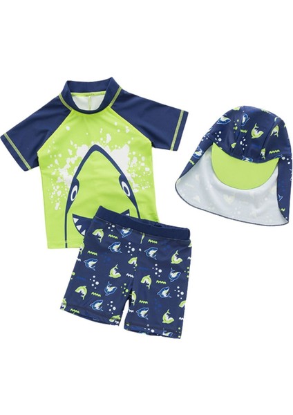 UPF50+ Güneş Korumalı Şort T-Shirt Şapka Mayo Set Neon Yeşil Laci Shark