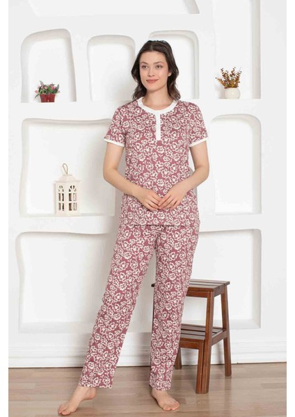 Kadın Çiçek Desen Bisiklet Yaka 3 Düğmeli Pamuk Penye Ince Yazlık Kısa Kol Pijama Takımı