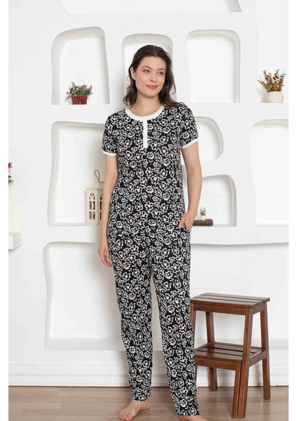 Kadın Çiçek Desen Bisiklet Yaka 3 Düğmeli Pamuk Penye Ince Yazlık Kısa Kol Pijama Takımı