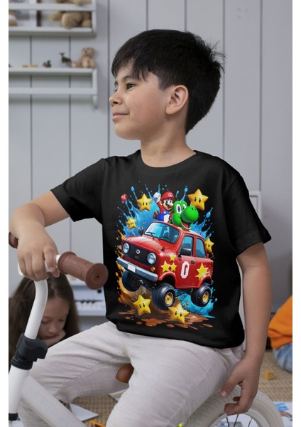 Süper Mario Tshirt Çocuk Tişört Cars 9 Siyah