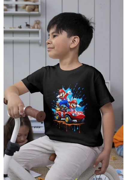 Süper Mario Tshirt Çocuk Tişört Cars 2 Siyah