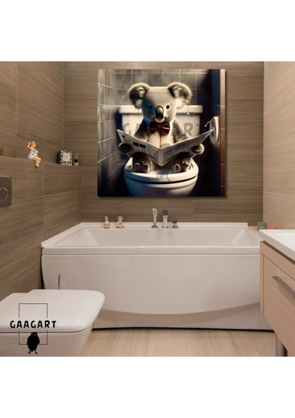 Tekli Kare Kanvas Banyo Tablosu Gazete Okuyan Papyonlu Koala