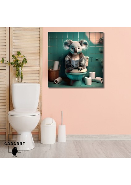 Tekli Kare Kanvas Banyo Tablosu Gazete Okuyan Yeşil Koala