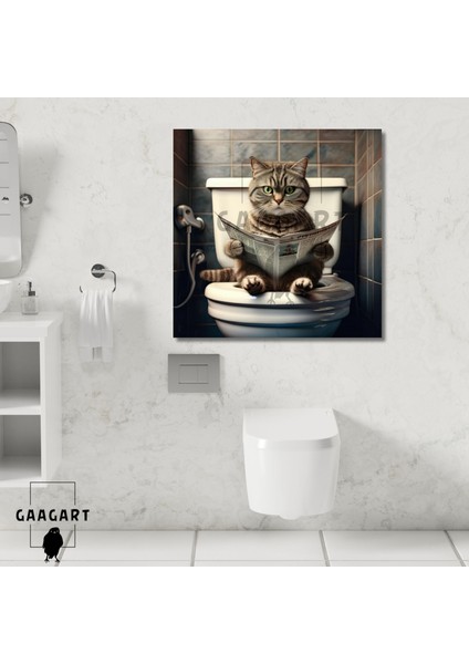 Tekli Kare Kanvas Banyo Tablosu Gazete Okuyan Yeşil Gözlü Tekir