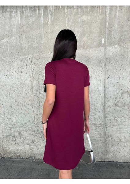 Kadın Bordo Kısa Kollu Oys Premium Pamuklu Modal Kumaş Süs Cepli Kısa Mini Yazlık Rahat Elbise fiyatları