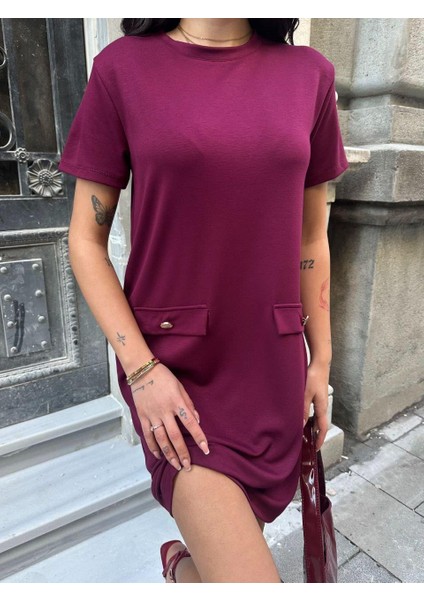 Kadın Bordo Kısa Kollu Oys Premium Pamuklu Modal Kumaş Süs Cepli Kısa Mini Yazlık Rahat Elbise modelleri