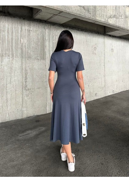 Kadın Antrasit Kısa Kollu Oys Premium %100 Pamuk Modal Kumaş Kloş Çan Midi Boy Yazlık Elbise