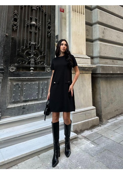 Kadın Siyah Kısa Kollu Oys Premium Pamuklu Modal Kumaş Süs Cepli Kısa Mini Yazlık Rahat Elbise fiyatları