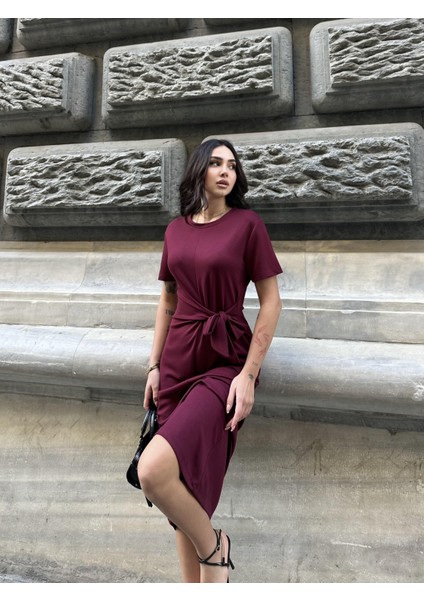 Kadın Bordo Kısa Kollu Oys Premium Pamuklu Kumaş Yandan Kuşak Bağlamalı Uzun Maxi Bilek Boy Elbise fiyatları