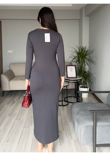 Kadın Antrasit Oys Premium Pamuklu Kumaş Yandan Kuşak Bağlamalı Uzun Maxi Bilek Boy Elbise modelleri