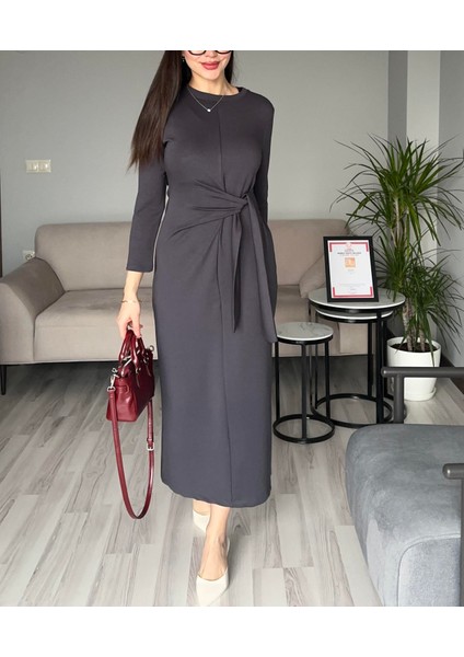 Kadın Antrasit Oys Premium Pamuklu Kumaş Yandan Kuşak Bağlamalı Uzun Maxi Bilek Boy Elbise fırsatları