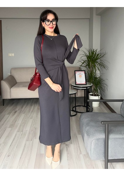 Kadın Antrasit Oys Premium Pamuklu Kumaş Yandan Kuşak Bağlamalı Uzun Maxi Bilek Boy Elbise indirimleri